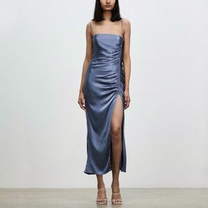 Shona Joy Lily Bias Ruched Midi Dress in Blue Size 8